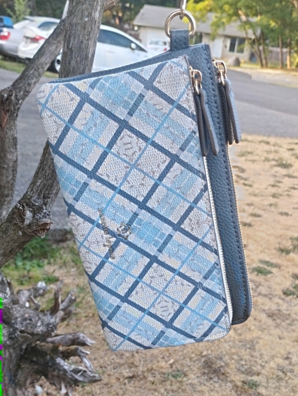 Nanette Lepore Blue Plaid Zip Wallet with Gold Accent